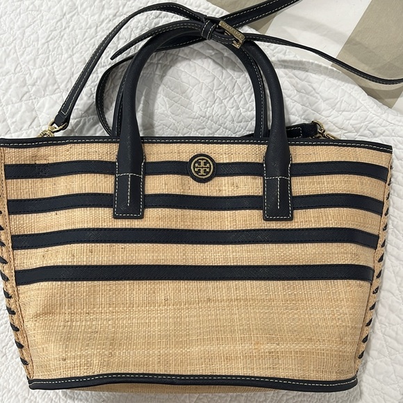 Tory Burch Mini Straw Tote with Leather Strap - Picture 13 of 15